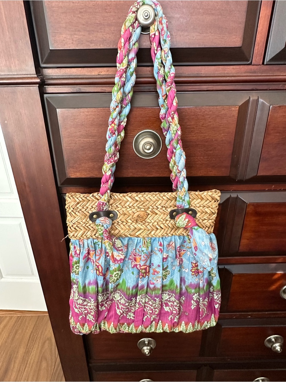 Cappelli Woven Straw & Fabric Shoulder Bag Magnetic Snap Closure